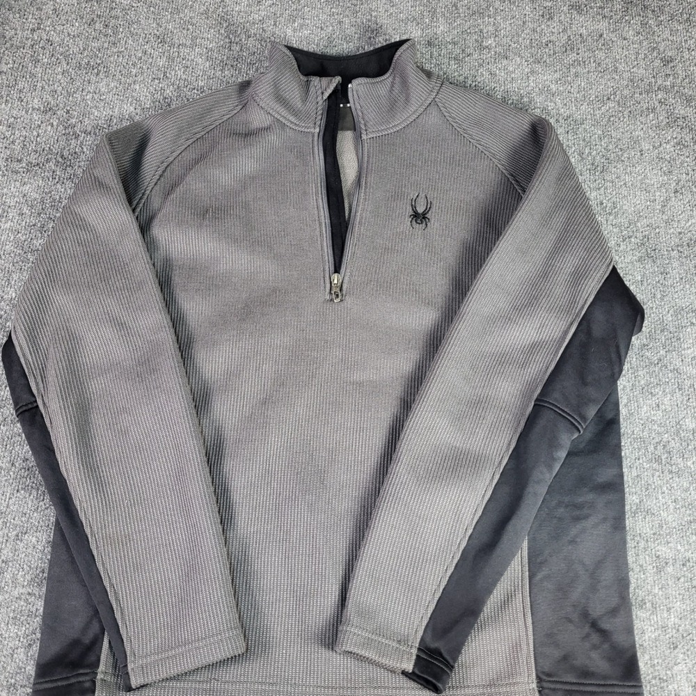 Spyder Mens Gray Black 1/4 Zip Waffle Knit Pullover Fleece Jacket Large